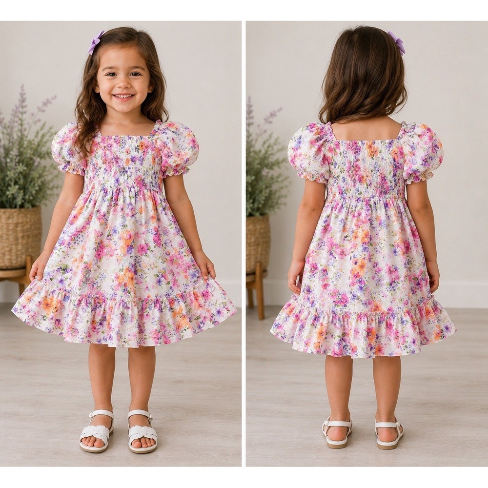 Rare Edition XS 4/5 Girls Floral Puff Sleeve Sundress White Purple Ruffle Smock